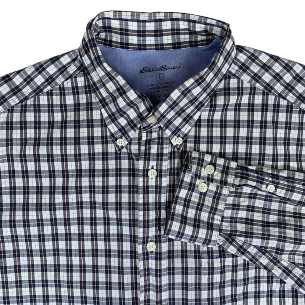 Eddie Bauer Shirt Mens Large Plaid Button Up Long Sleeve Pockets Outdoor Cotton